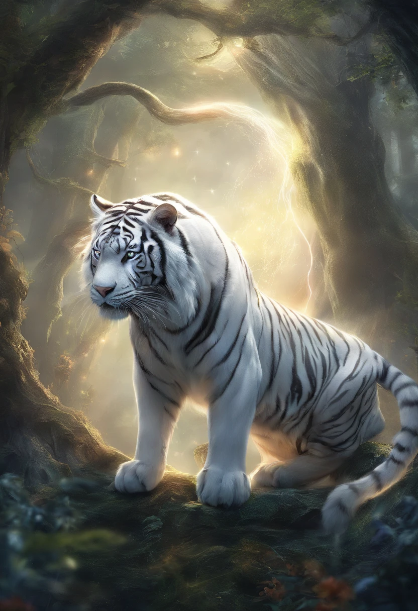 (hyper-detailing,tmasterpiece,hyper HD,Best quality at best:1.3),One has a pair of wings,There are scars on the face,There is an aperture on the head,Adult white tiger surrounded by lightning,The background is a forest and sky,Lightning,