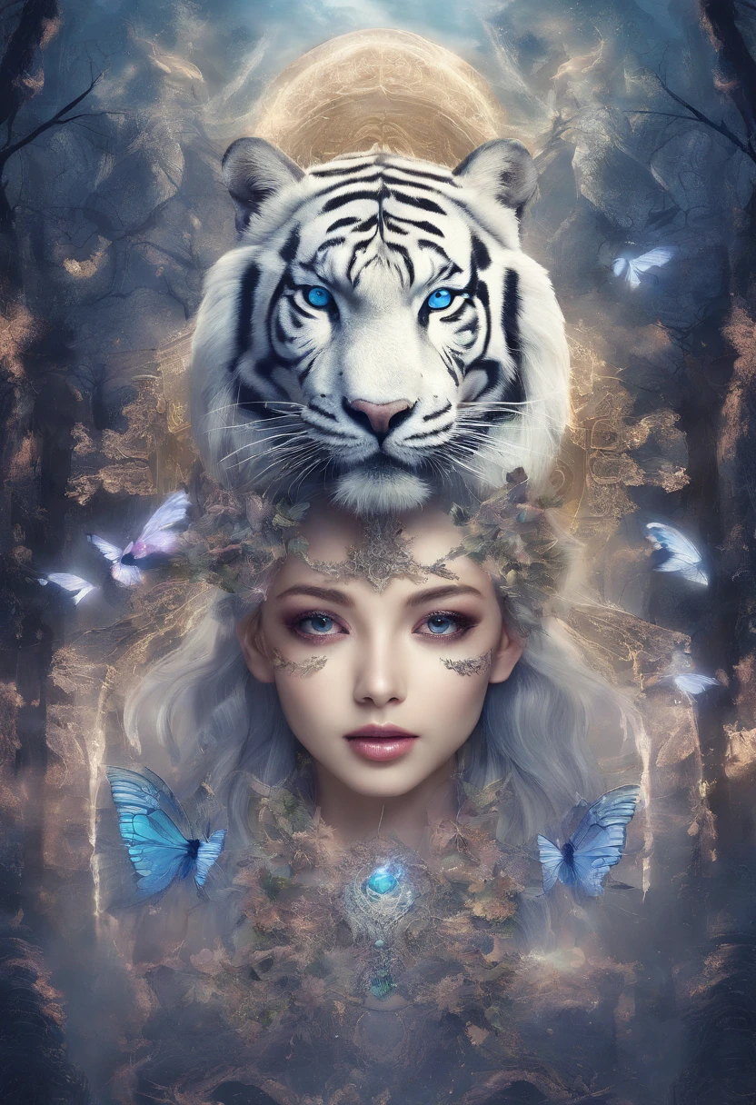 (hyper-detailing,tmasterpiece,hyper HD,Best quality at best:1.3),One has a pair of wings,There are scars on the face,There is an aperture on the head,Adult white tiger surrounded by lightning,The background is a forest and sky,Lightning,