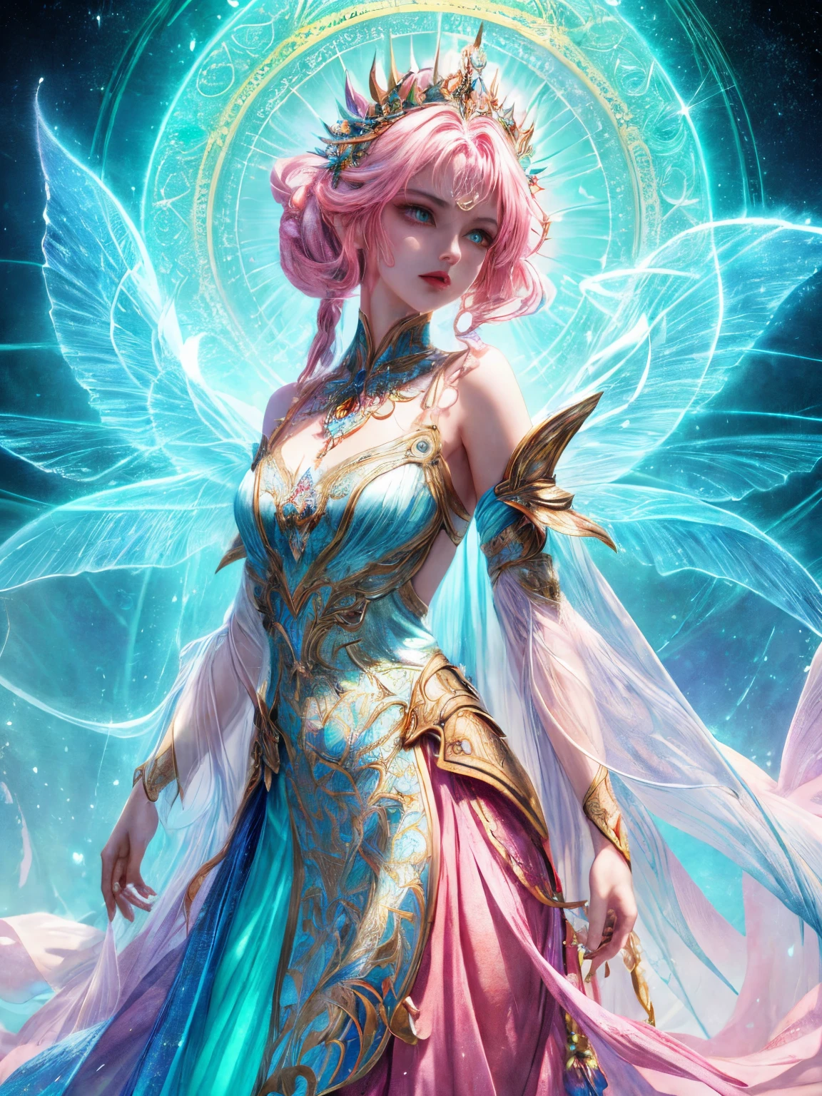 (((masterpiece))), (((best quality))), ((ultra-detailed)),(highly detailed CG illustration), ((an extremely delicate and beautiful)),cinematic light, Create a stunning fantasy artwork that mimics the style of currently trending masters of the genre. The art piece should contain elements of both mythic fantasy and fairytale fantasy with colorful accents. ((Utilize various shades of pink and watercolor pastels as the main color scheme.)) The character in the artwork is a delicate but strong petite figure with an aura of mystery and magic. Pay close attention to intricate facial features, such as mesmerizing eyes with vibrant colors and bold shading. The character's clothing should be designed with gossamer feathers, silk, stunning embroidery, and subtle iridescent details. Incorporate dreamy colors, dynamic lighting, and detailed background elements to create a sense of awe and immersion. Include colorful flying magical birds and jewel-toned butterflies radiating a magical aura. Consider the latest trends in fantasy art, such as incorporating unique lighting effects, exploring dynamic and compelling composition techniques, and experimenting with unique color palettes. Take inspiration from the top artists on ArtStation and Midjourney. Camera: Choose an angle that highlights the character's beauty and enhances the magical majesty of the artwork. Lighting: Utilize atmospheric lighting techniques to create depth and mood. Resolution: Aim for a high-resolution artwork to showcase intricate details and clarity. Art Inspirations: Seek inspiration from the trending artists on ArtStation, exploring different styles, genres, and themes.