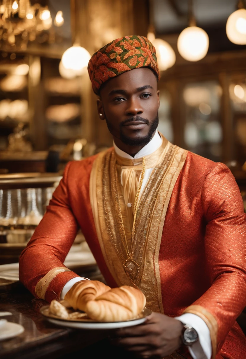 Adekunle is savoring a delectable French croissant and espresso at a charming Parisian cafe,original,Prince Adekunle Adebayo, a fictitious Nigerian royal, portrays himself with an aura of elegance and persuasive charm. He’s often seen in opulent, traditional Nigerian robes, his appearance crowned by a confident, yet earnest expression, designed to evoke trust and sympathy., male