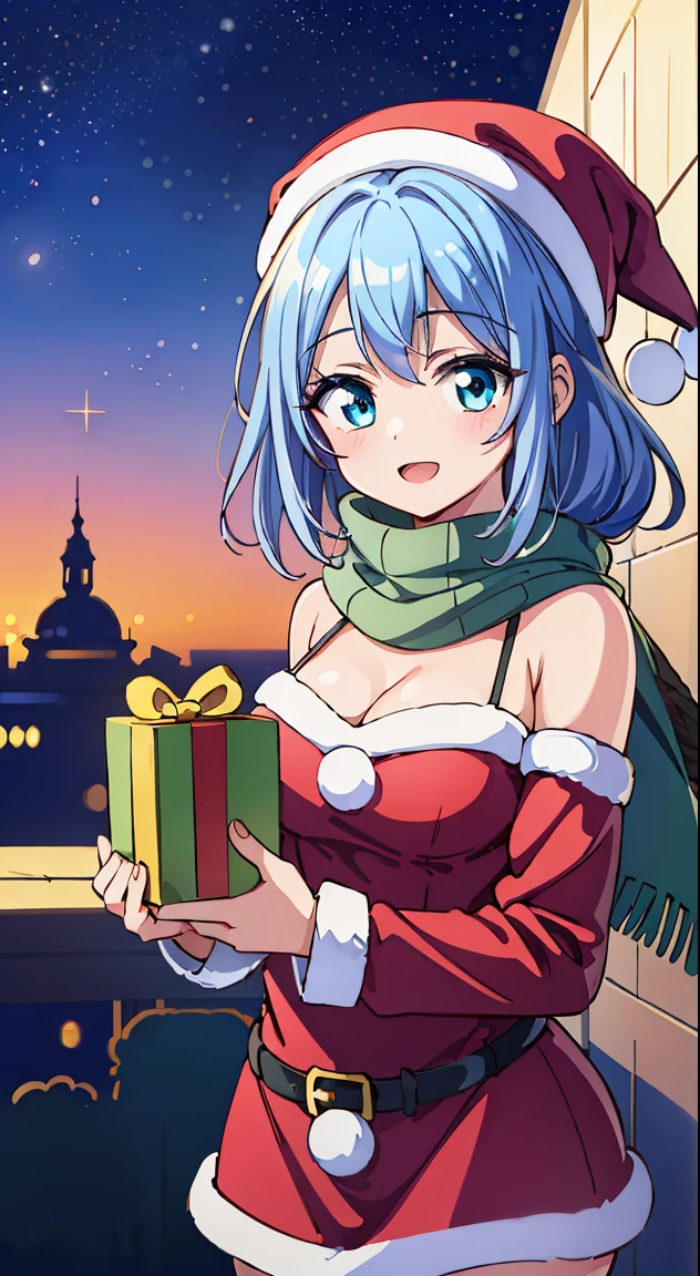 (((masutepiece, Rembrandt))), (Best Quality, photographrealistic, Hyper realistic, superfine illustration, 超A high resolution, Extremely detailed, Realistic background, Detailed background, Large_filesize:1.2),
BREAK,
1 beautiful girl, 1 person,Solo,(Cute:1.5),(Chibi:0.6),(kawaii:1.5),(Lori:0.5),(17 years old girl),Very detailed,colourfull,highest details,Clear skin,Beautiful skin,Shy,Very detailed,colourfull,highest details,Clear skin,Beautiful skin,Shy skin,1 beautiful girl,{Heterochromia,blue eyess,verd s eyes:1.9},star eye silhouette, BREAK,(pale blue hair, Medium length:1.4),(Side Ponytail,A little curly hair,Single-sided twisted blade,Princess Cut:1.3),(cleavage of the breast,Large breasts,Beautiful , gleaming skin,Clear skin, Beautiful skin,(best quality face),(Top quality glowing eyes),(Doya face,brave face:1.45),(The best smile,Doya face:1.45),BREAK,( santa costume, Red dress:1.65 ), Hat BREAK vertical striped knit, (Knitted scarves:1.4), Sweaters, Ribbed sweater, a miniskirt, Tight Dress, Black knee socks BREAK haha night, Starry sky, In the sky, Flying, Present Box, Snow, Yuki, SNOWFLAKE BREAK IS A GREAT HAND, Perfect hands
,depth of fields,
BREAK,wakame,wakame,wakame,(Cowboy Shot:1.4),
BREAK,(Blurry background:1.3),(absurderes, hight resolution, Super Detail Art),cel shading,Clear Color, Lonely optical effect, Beautiful pictures, Bright glow, mystic atmosphere,(Close-up of girl:1.1), Mystical light particle effect,manga influence, clean line drawings,
