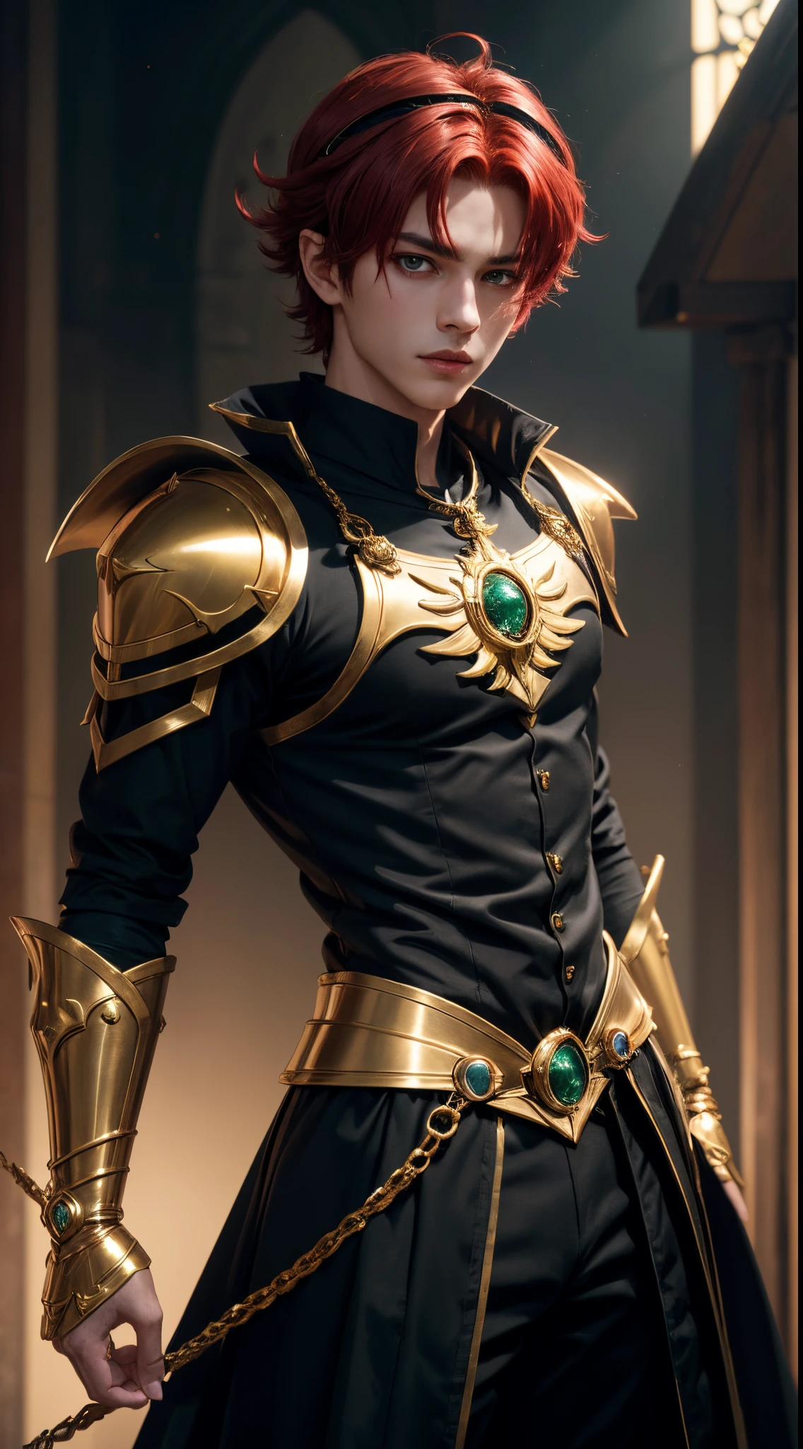 (absurdres, highres, ultra detailed, HDR), masterpiece, best quality, "magic knight rayearth" Character handsome boy in dark outfit short hair wearing detailed headgear red hair