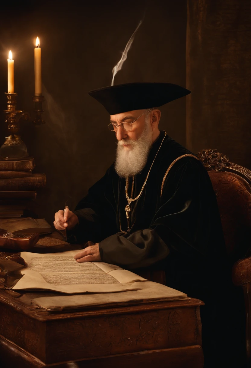 A photo of Nostradamus scribing a prophetic quatrain with a quill and ink,Les Propheties,nostradamus, male