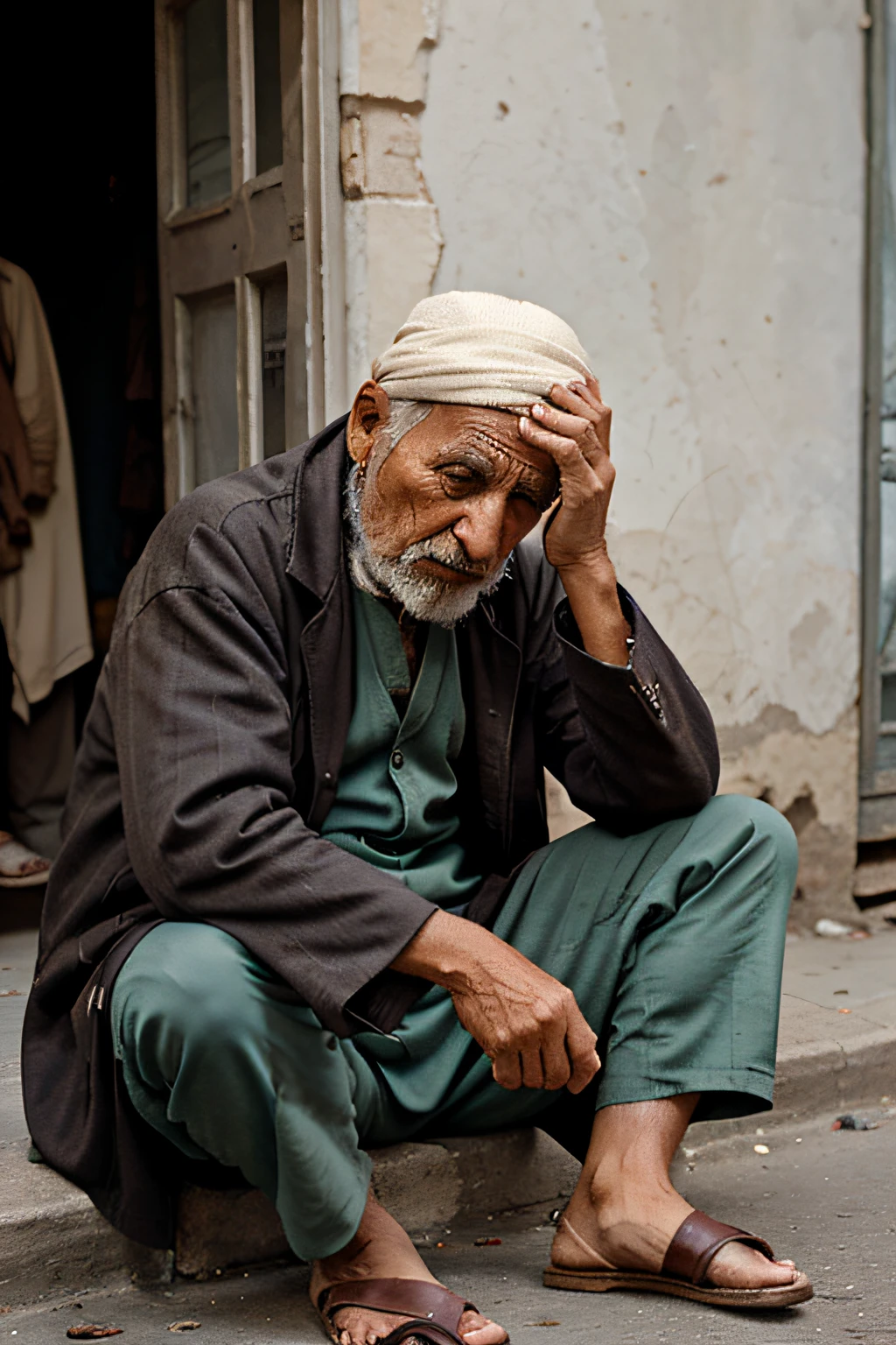 sad afghan old man crying and begging in the streets