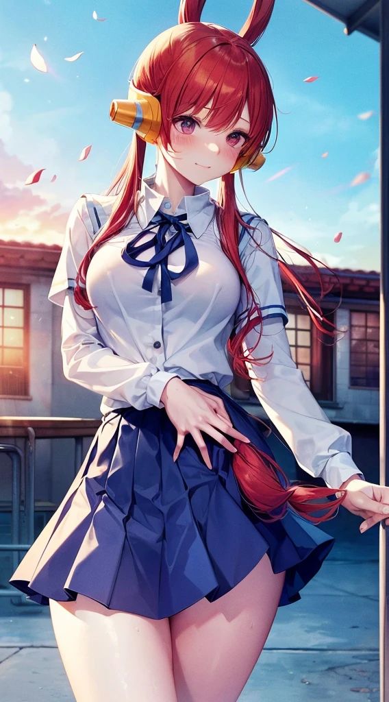 masutepiece、Best Quality、hight resolution、tre anatomically correct、(((School Uniforms)))、pleatedskirt、Short miniskirt、(Vibrant colors：1.2)、(​masterpiece：2.0)、onepiece、Uta、left red hair、right gray hair、(((Not wearing pants)))、divine spirit、Flushed cheeks、Shy face、Beautiful girl in every detail、Body shining with sweat、Wet、Seductive thighs、sexy  pose、(round breasts：1.5)、Perfect style、Slimed、Hard nipples、School rooftop、Hair fluttering in the wind、I hold down my skirt as it flips in the wind
