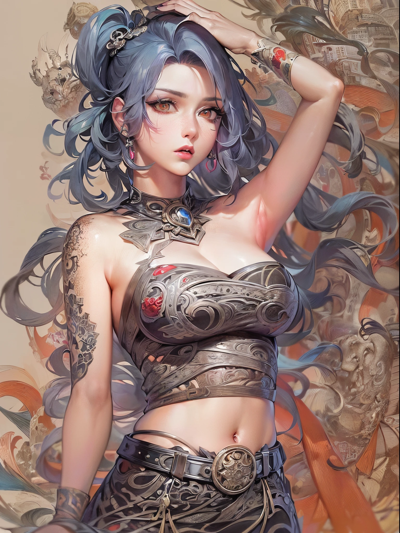 ((Finest quality)),(超A high resolution),(ultra-detailliert),(Meticulous portrayal),((Best Anime)),(Finest works of art),(Ultra-Precision Art),(The art of astounding depiction,Overwhelming depiction:1.5),(intricate and detailed fashion art:1.6), (woman model:1.5),(Glamorous Body:1.5),huge tit:1.3,a navel,The tattoo:0.9
