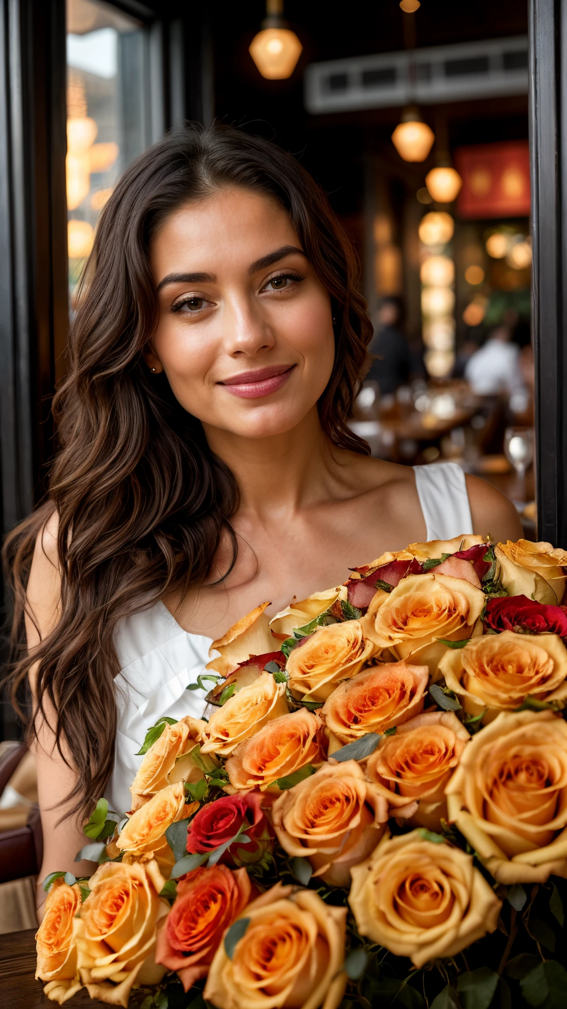 Woman in a restaurant with roses, 4k, 8K, Breathtaking, lush detail, Cinematic, Commercial art, Digital Art, Digital Painting, (((Do not change your face)))