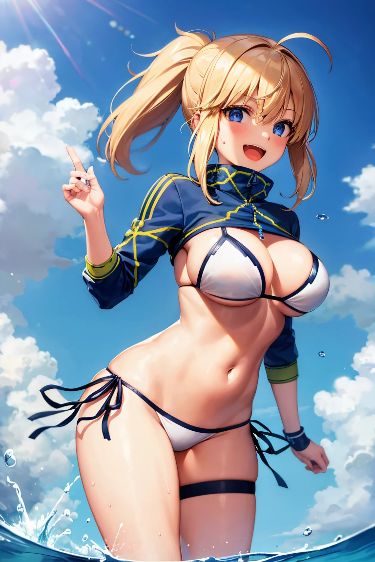 masterpiece,(ultra-detailed),1girl, mysterious heroine xx \(fate\), smile,open mouth, swimsuit, white bikini, side-tie bikini bottom, shrug \(clothing\), jacket,  thigh strap, wristband,  large breasts, ocean, splashing,