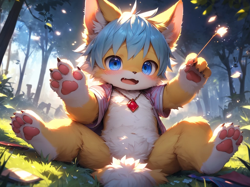 Alone,(bellway:0.8),(shota,Gamine,cub,young，catss，Yellow fur，adorable expression，toddlers，Blue pupil，A yellow-haired one，A lock of white hair，A boy with）correct hand，Correct foot shape，Sit on grass，Open your legs，Put one paw between your legs，raised his hand，nakeness，cropped legs，Round Chin，small ruby necklace，There are patterns on the body
(电影灯光), ((detailedbackground)), ((looking to the front)), (((three fourths view))), (((Flustered))),(Heavy breathing)，（happy mouth），(lust),(Half shadow),Pink paw pads,paws with claws,(Detailed bulge:0.5),(The erection:0.5),(flabbiness:0.5),(unretracted_wrap:0.5),(Small animals_:0.5),(_clew:0.5),(Overflow of_how to:0.5).
Super detailed breakdown,(NSFW:1.2),Colored digital line art,realistically,(flatcolors:1.2),thick outline,(limited palette:1.1),GameCG,(3D:1.2),(realistically:1.2),(tmasterpiece,Best quality at best,Great,Highly detailed CG Unity 8k wallpaper,Super beautiful illustrations:1.2),The content is very detailed,Volumetriclighting,The best shadow,(depth of fields,Light particles,电影灯光:1.1),Wind lift,speed-line,offcial art.
intermittently
(by lindong:1.25),(Through the point:1.25),(by Mamado:1.1),(author：Xia Dongni:1.1),(by Telson:1.1),(tarantino violinist:1.1),(by kilfer:1),(by oxfort2199:1),(by syuro:1.2),(by s1m:1.2).
Break up the vibrant colors,countershading,hight contrast,photography of \(An artwork of\),(actual:1.2),(empty,Ridiculous resources:1.2),Detailed pubic hair,Detailed pubic hair face,詳細な目,(Realistic fur,Delicate fur:1.25),detailedbackground,amazing background.