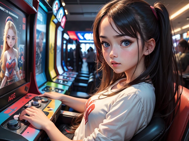(masterpiece), best quality, expressive eyes, perfect face, girl playing arcade video games, arcade