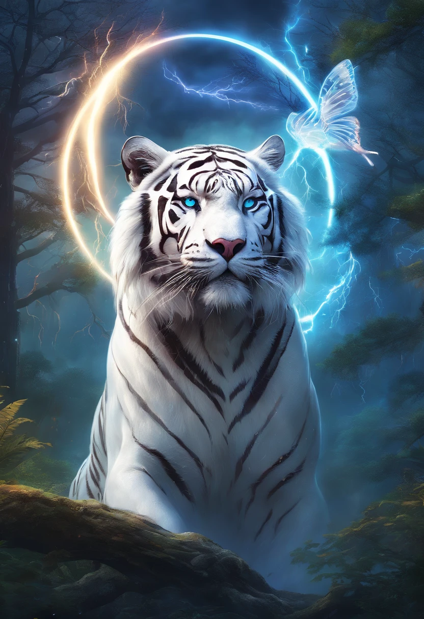 (Ultra Detailed, Masterpiece, Ultra HD, Best Quality: 1.3), an adult white tiger with a pair of wings, a scar on his face, a circle of light on his head, surrounded by lightning, a forest and sky in the background, lightning and thunder,