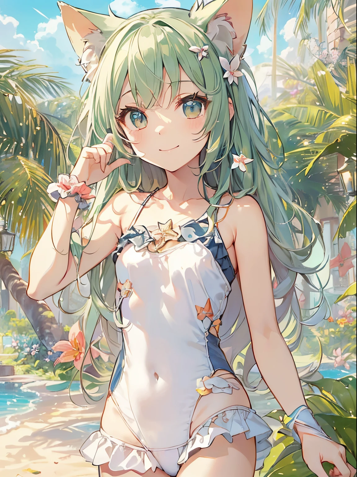 ((2D beautiful girl、top-quality、Perfect Finger 1.5、Perfect Anatomy 1.5、extremely delicate and beautiful illustration))、(Blur the background:1.2、cute it girl、(transform sequence)、((Ruffled swimwear))、14y、Slender beautiful girl、Fractal Art、baby-fa(strilong hair))、Beautiful big drooping eyes:1.1、A smile、Full body depiction:1.1、Western-style garden、(1 persons)、quiet sandy beach、(knee high socks)、is standing:1.1、Cat's ears、