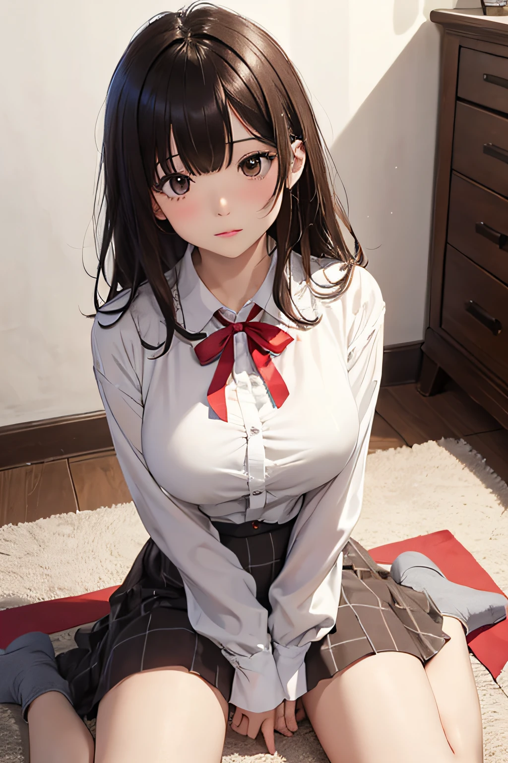 (8K、Raw photography、top-quality、​masterpiece:1.2)、ultra-detailliert、超A high resolution、***1人、dark brown  hair、shorth hair、bangss、Brown eyes、Delicate eyes、Mature look、Slimed、Colossal tits、brown check long skirt、Long sleeve blouse in white with ruffles、Red ribbon on chest、sit on the ground with both knees up、itting open legs、wide Shots、White panty、pantyshot、low angles