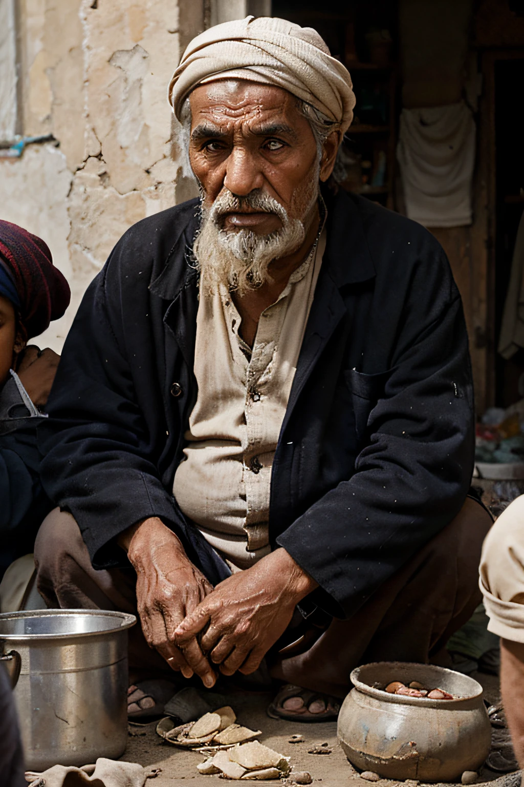 sad old afghan man, not able to pay for living costs, surrounded by by hands, the hands of family members asking for food and other