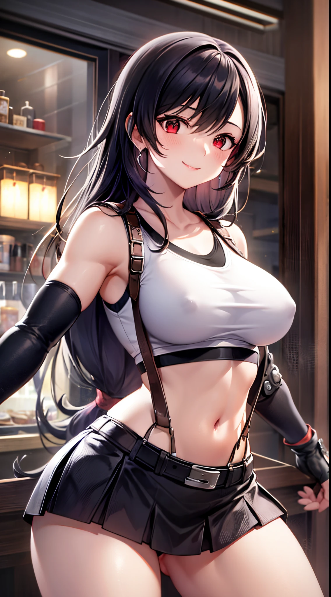 best quality, ultra-detailed, high resolution, extremely detailed CG, unity 8k wallpaper, super detailed skin, detailed, dynamic lighting, beautiful detailed eyes, defTifa, white crop top, elbow pad, fingerless gloves, suspenders, very short pleated miniskirt, red boots, bar counter, showing panties, dynamic pose, red eyes, smile, fighting stance, nsfw,