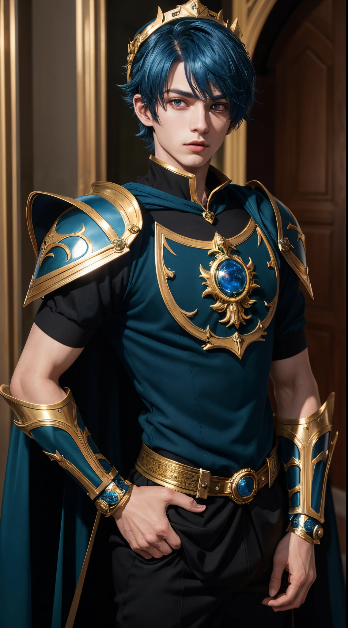 (absurdres, highres, ultra detailed, HDR), masterpiece, best quality, "magic knight rayearth" Character handsome boy in dark outfit short hair wearing detailed headgear blue hair