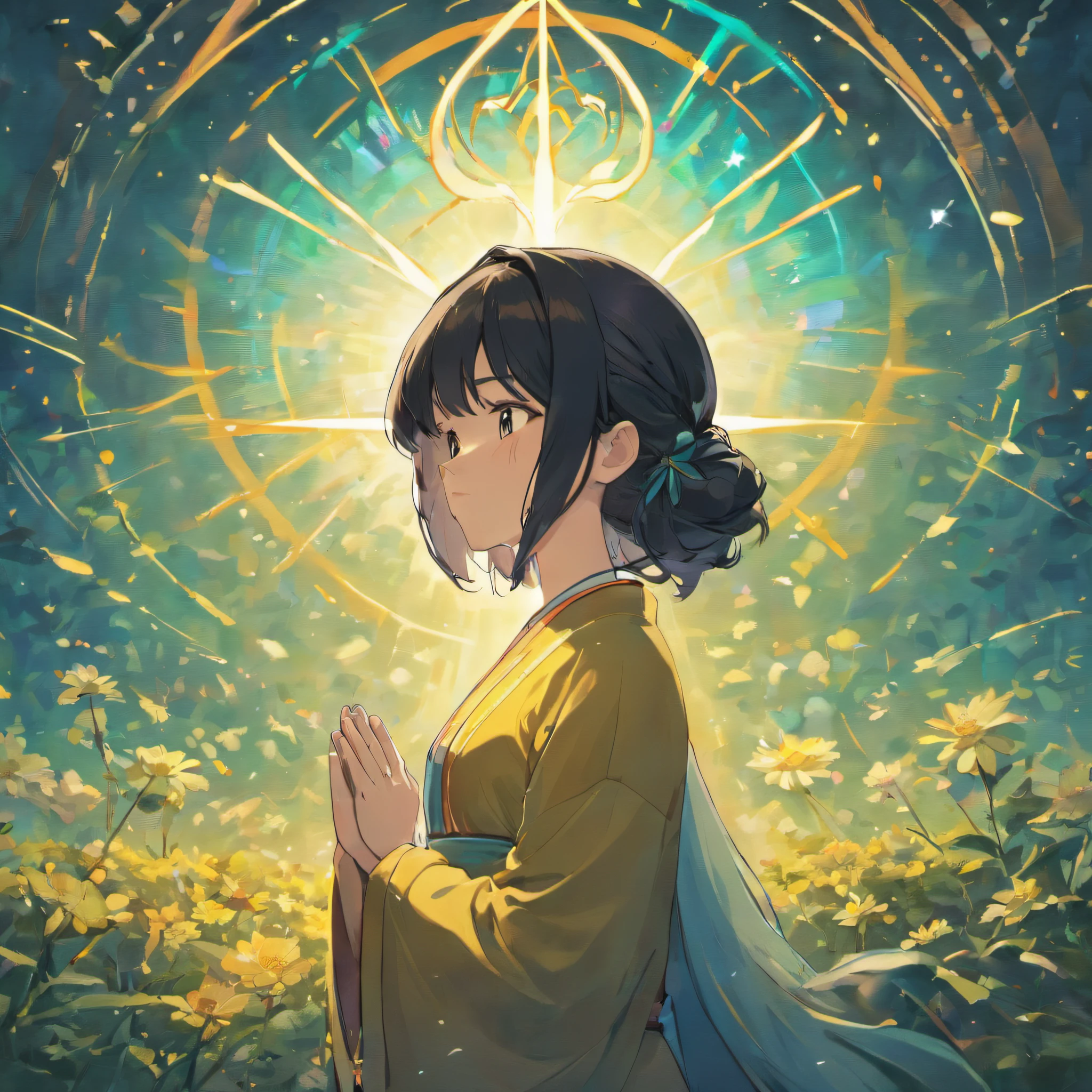 a beautiful black-haired girl、Close your eyes and meditate while folding your hands in prayer in a vast space., Under the blue sky、eternal garden.、closing eye、Enlightenment、A meditative、harmony、best composition、masutepiece、kosmos、mandalas、buddhist universe、((Kongo Mandala、Womb world mandala))
