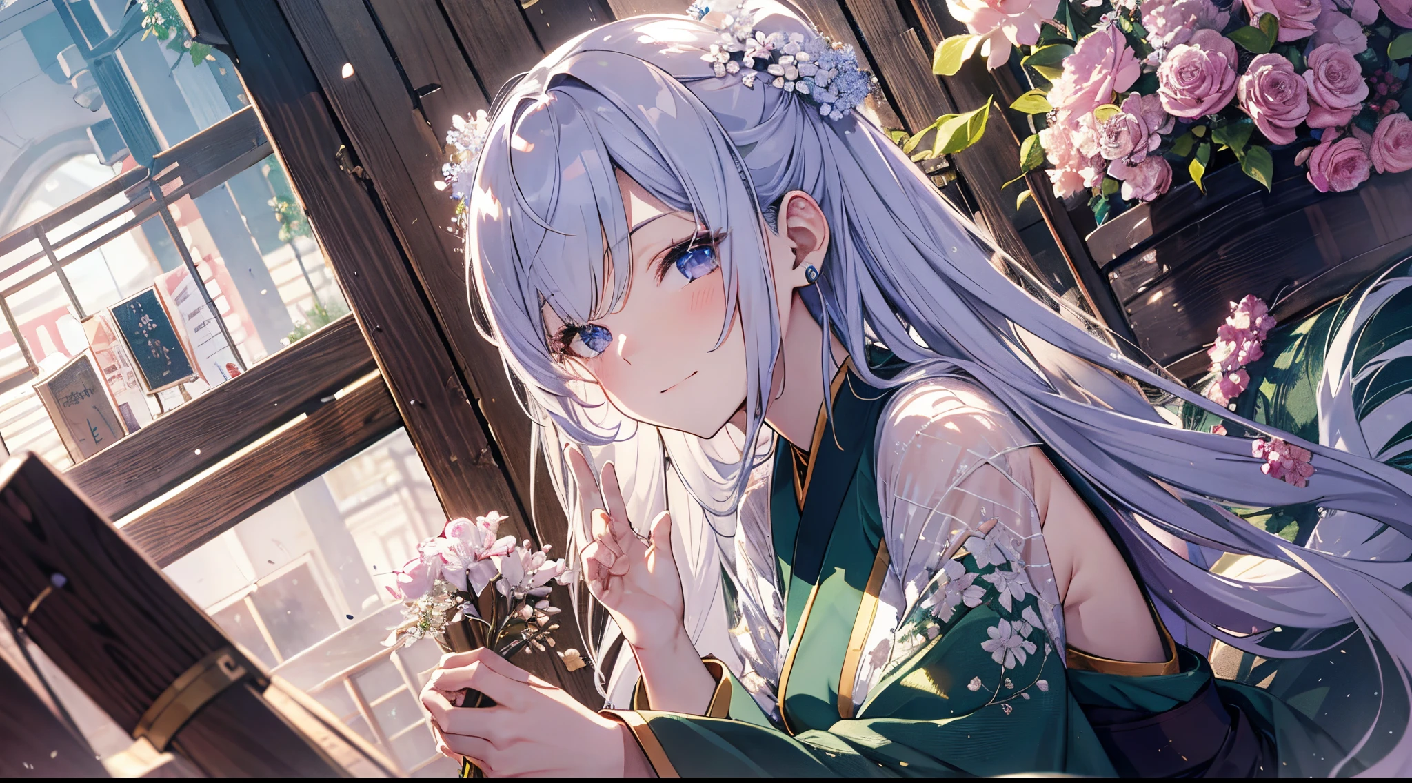 ((tmasterpiece:1.4, Best quality))+, (hyper-detailing)+, (Close her eyes:1.5)+, Blind girl,(Meticulous ears:1.5), (cute girls), (Delicate and gorgeous Hanfu:1.5), Long hair details, Long braids on both sides, (wariza:1.2), pale-skinned, (Green cloth:1.5), (long white pants:1.4), wine jugs, fresh flowers, lute, long wooden staff,Chinese ancient city, Wandering around the market with luggage, (female store manager:1.1), (dawn light:1.2), ), (Close-up cleavage:1.1), (elevation perspective:1.3), forehead jewel, Colored inner hair, Striped hair, Sad smile, disarray's gem branch, silber hair, first person perspective,the only person