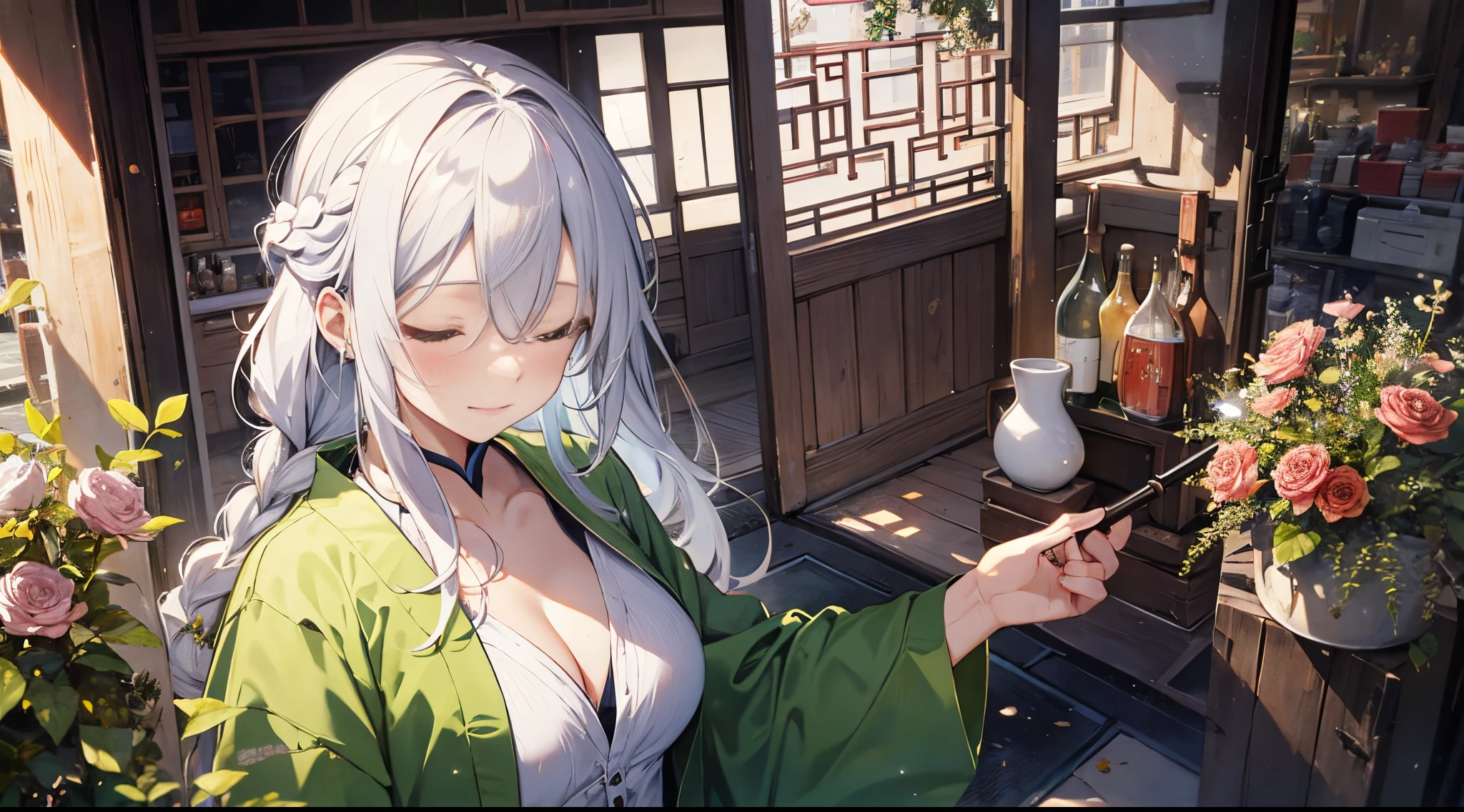 （（tmasterpiece：1.4, Best quality））+, （hyper-detailing）+, （Close her eyes：1.5）+, Blind girl，（Meticulous ears：1.5）, （cute girls）, （Delicate and gorgeous Hanfu：1.5）, Long hair details, Long braids on both sides, （wariza：1.2）, pale-skinned, （Green cloth：1.5）, （long white pants：1.4）, wine jugs, fresh flowers, lute, long wooden staff，Chinese ancient city, Wandering around the market with luggage, （female store manager：1.1）, （dawn light：1.2）, ）, （Close-up cleavage：1.1）, (elevation perspective:1.3), forehead jewel, Colored inner hair, Striped hair, Sad smile, disarray&#39;s gem branch, silber hair, first person perspective，the only person