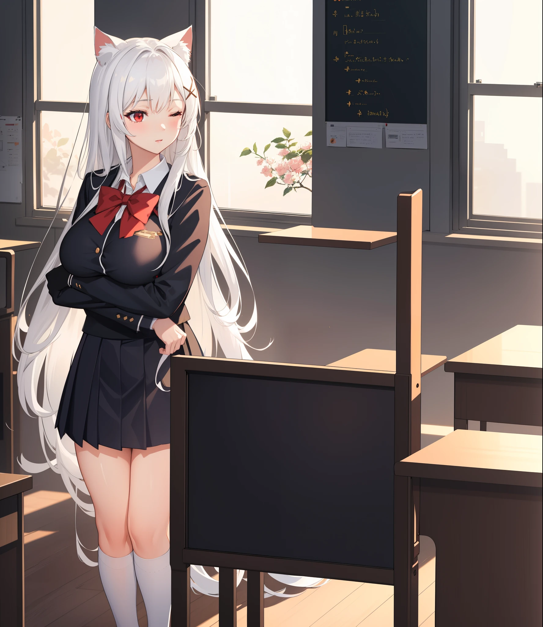 (extremely detailed CG unity 8k wallpaper), (((masterpiece))), (((best quality))), ((ultra-detailed)), (((illustration))), (best shadow), ((an extremely delicate and beautiful)), (detailed light), (well designed face), amazing face, (super detailed), cinematic shot, beautiful detailed eyes, detailed background, 1girl, long hair, straight hair, ((red eyes)), (cat ears), ((white hair)), x hair ornament, first rate breasts, huge breasts, first rate female bodies, school uniform, stocking, one eye closed, :P, classroom, white board,