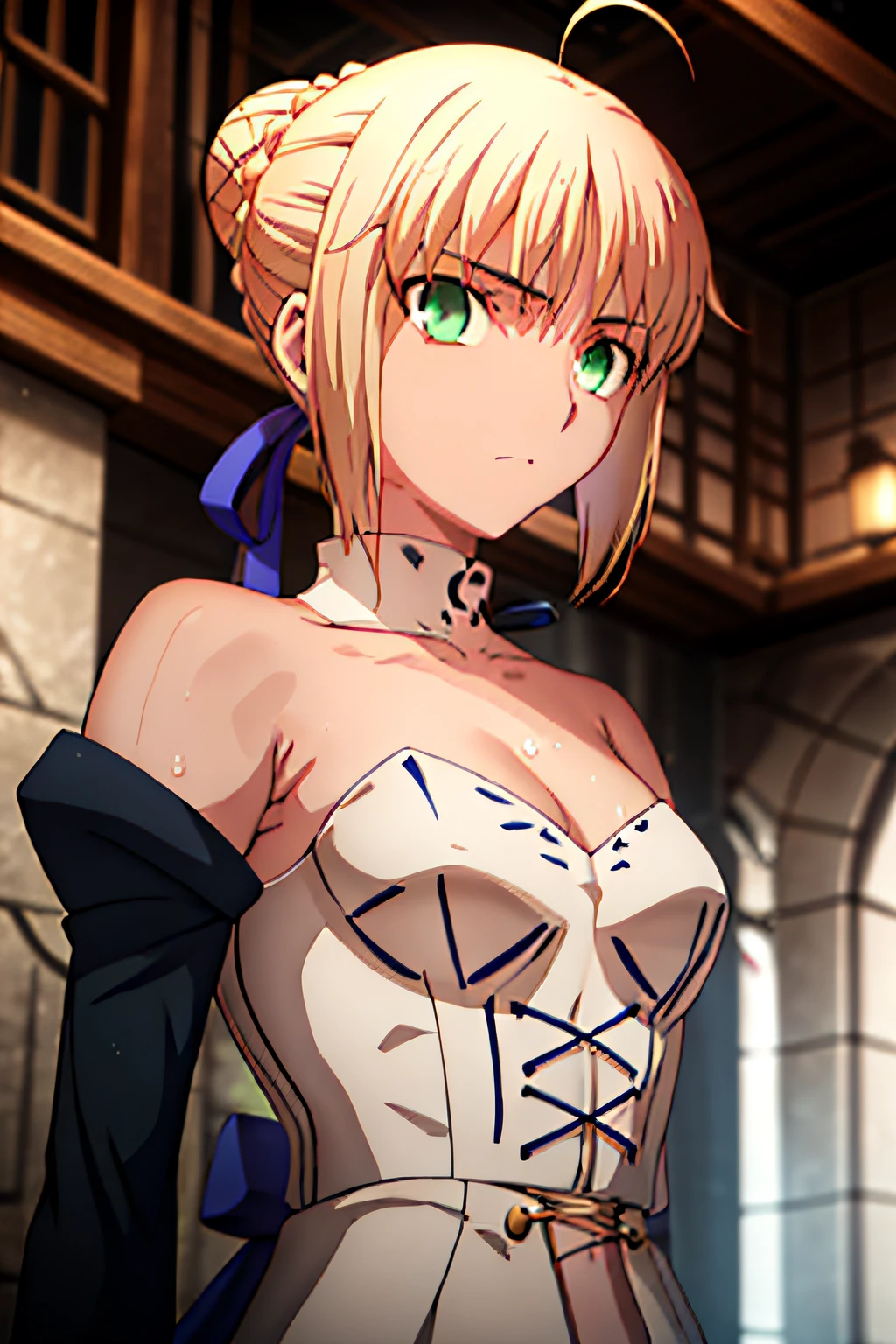 Altas Resoluciones, {saber_fenestaynightufotable:1.15}, rubio_cabello, Ahoge, verde_ojos, cinta, cabello_cinta, trenza, azul_cinta, corto_cabello, anime_colorante, Looking_en_espectador, cabello_entre_ojos, La mejor calidad, Obra maestra,phSaber, phAltoria, 1girl, solamente, Trenza francesa, resplandeciente, tenencia, Hair bun, Parte superior del cuerpo,saber, artoria, green eyes, house, bath, bathing, breasts, armpits,