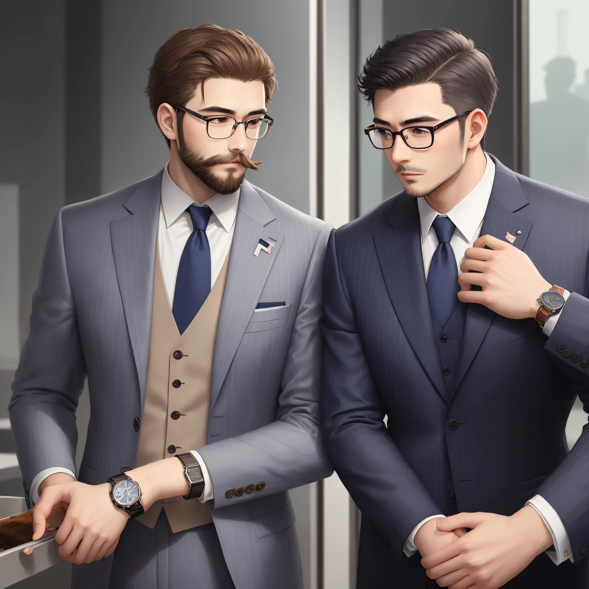 Illustration style、japanes、ember、30-years old、180 cm、Two-block、73、Breakdown、Silver-rimmed glasses、面長、Beardless、navy striped suit、tobacco、criminal、dubious、wrist watch、