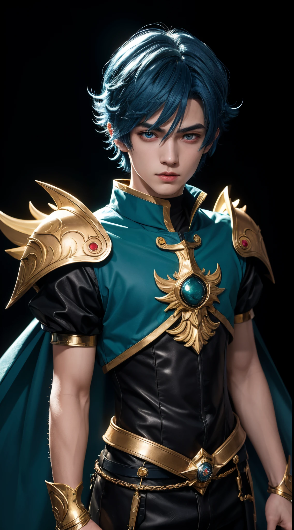 (absurdres, highres, ultra detailed, HDR), masterpiece, best quality, "magic knight rayearth" Character handsome boy in dark outfit short hair wearing detailed headgear blue hair