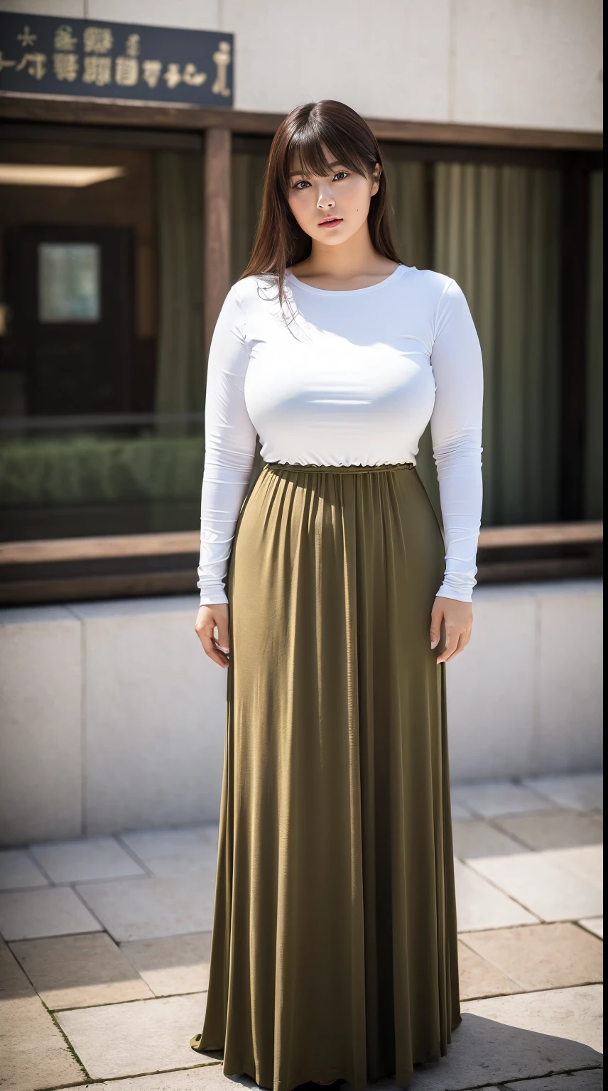 (Masterpiece,Best Quality:1.3),(depth of field:1.3) ,((front body:1.35)) ,Japanese woman,30 years old, Long Sleeve Round neck T-shirt Maxi Tight Dress, huge breasts , plump,(looking at viewer:1.3), (full body shot:1.2), crouch down,