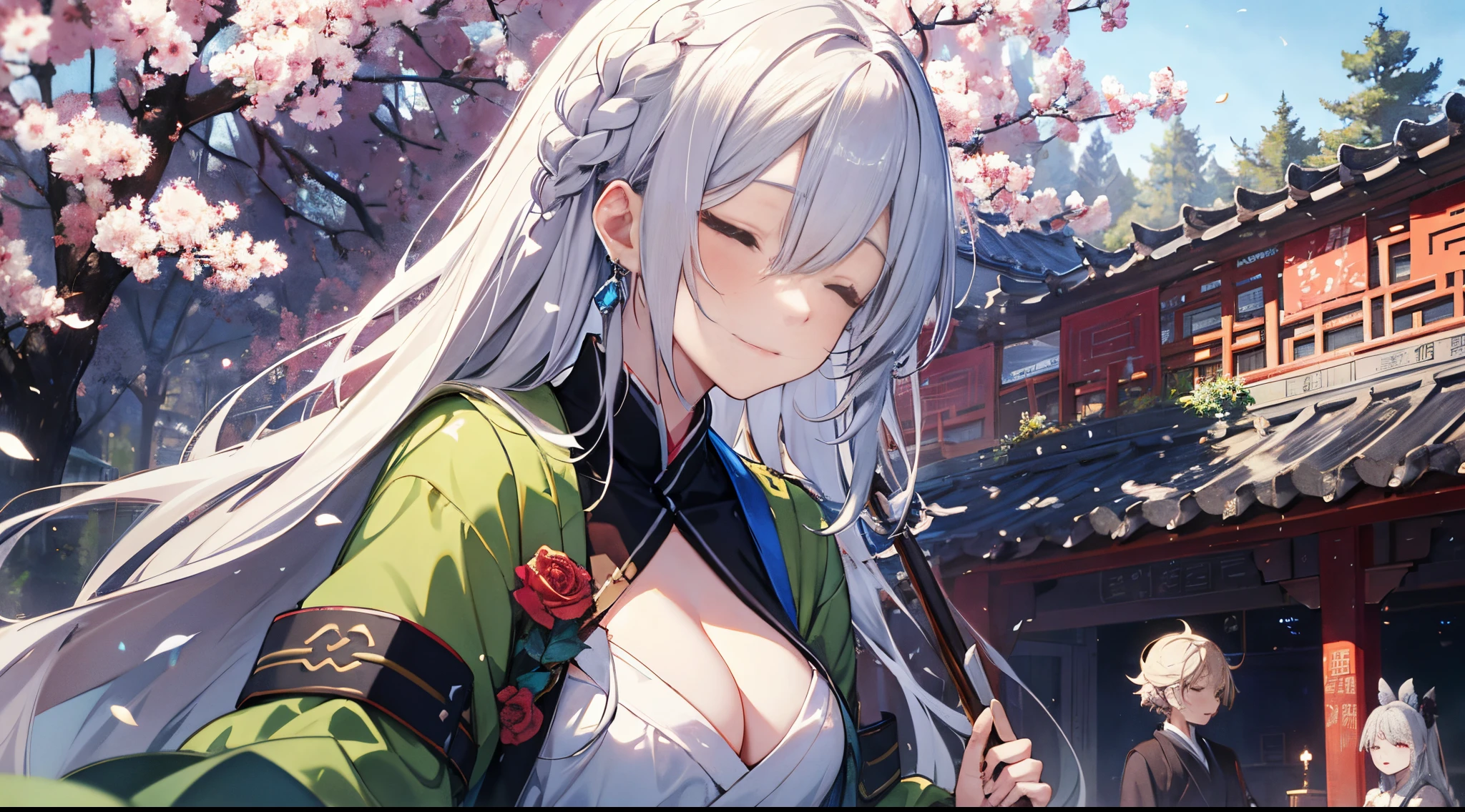 （（tmasterpiece：1.4, Best quality at best））+, （hyper-detailing）+, （Close her eyes：1.5）+, Blind girl，（Meticulous ears：1.5）, （cute girls）, （Exquisite and gorgeous Hanfu：1.5）, Long hair details, Long braids on both sides, （wariza：1.2）, pale-skinned, （Green cloth：1.5）, （long white pants：1.4）, wine jugs, fresh flowers, lute, long wooden staff，Chinese ancient city, Wandering around the market with luggage, （barded：1.1）, （dawn light：1.2）, ）, （Close-up cleavage：1.1）, (elevation perspective:1.3), forehead jewel, Colored inner hair, Striped hair, Sad smile, disarray&#39;s gem branch, silber hair, first person perspective，the only person