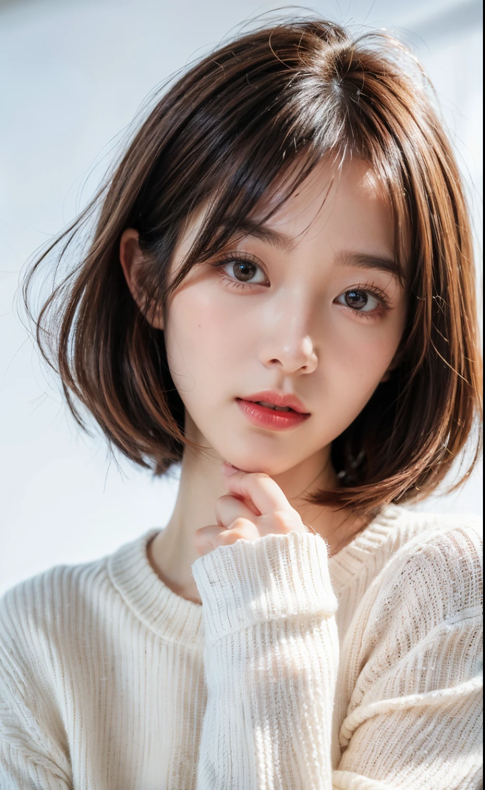 ulzzang -6500-v1.1, (Raw photo:1.2), (Photorealistic:1.4), Beautiful detailed girl, Very detailed eyes and face, Beautiful detailed eyes, Ridiculous, Incredibly ridiculous, Huge file size, (super detailed wet ), High resolution, Very detailed, Best Quality, masutepiece, ((dressed casually:1.2)), Illustration, Very detailed, nffsw, unified, 8K Wallpaper, amazing, Fine detail, masutepiece, Best Quality, Highly detailed ticker unification 8k wallpaper, Face Light, Movie Lighting, 1girl in, 20yr old,White background、red blush、wear a white knit sweater、(Shorthair)Korean Hair、With bangs、Wrinkles on the face