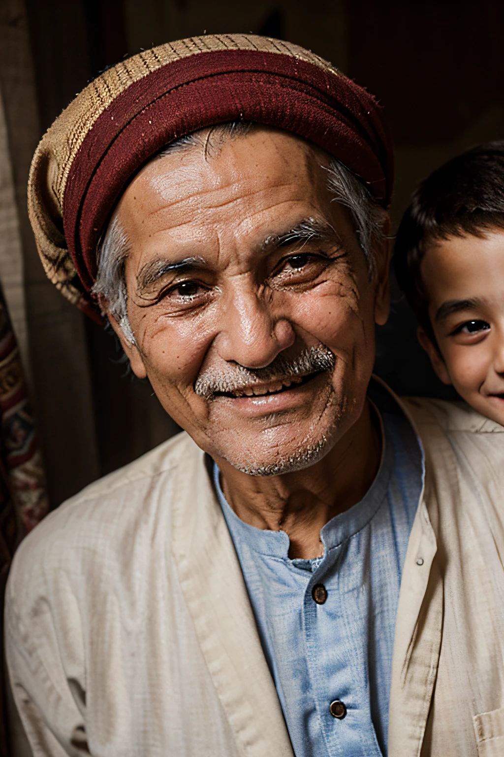 old afghan man, smiling and very happy with grandsons
