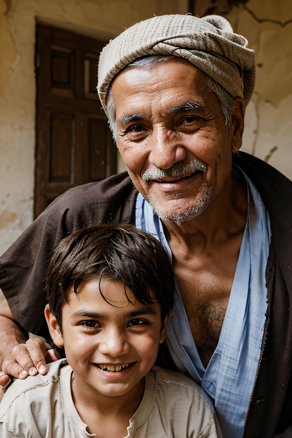 Best quality，8k，high resolution，masterpiece：1.2），Ultra Detailed，lifelike，Photo Realism，A man and a child huddled in a corner，A scene of happiness amidst the harsh environment in Gaza，A man in ragged clothes leads a poor child，Simple dress up，birthday celebration，warm hugs，Happy facial expression，Emotional connection，Detailed eyes and facial expressions，Vivid eyes，Shabby laundry，Scattered birthday items，Cracked Wall，Evoke a sense of warmth，Tenacity，Emotional Feeling，photography，HDR，Vivid colors，Soft lighting