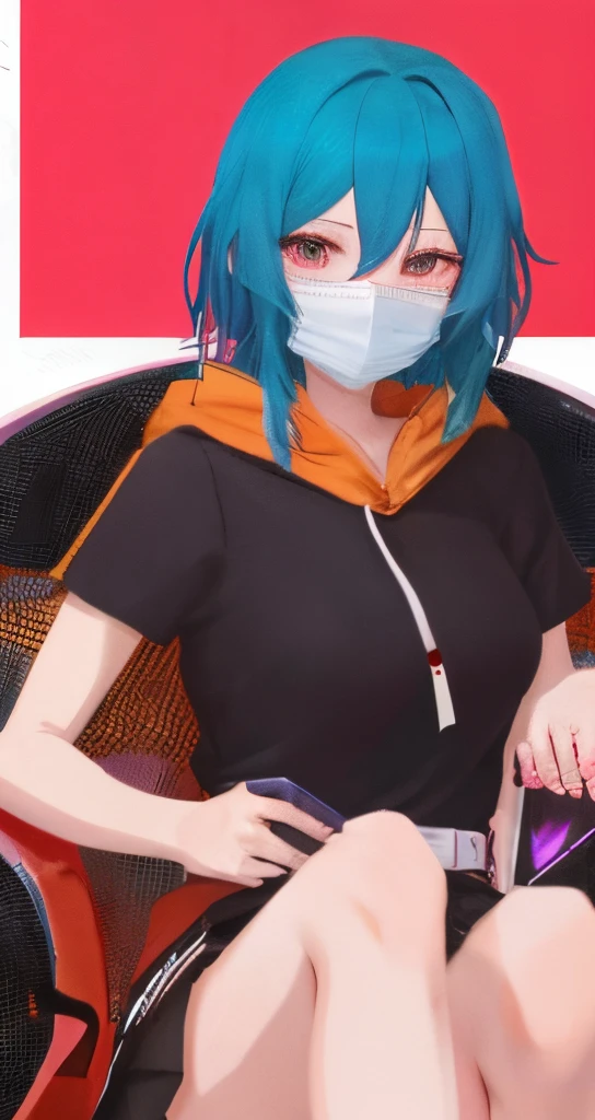 anime girl with blue hair wearing a mask and holding a cell phone, painted in anime painter studio, digital anime illustration, ; visual novel, anime style. 8k, anime vibes, 2 d anime style, anime styled 3d, anime aesthetic, made with anime painter studio, wearing a mask, clean detailed anime style, visual novel, modern anime style, covering her faice with the big piece of paper,high quality