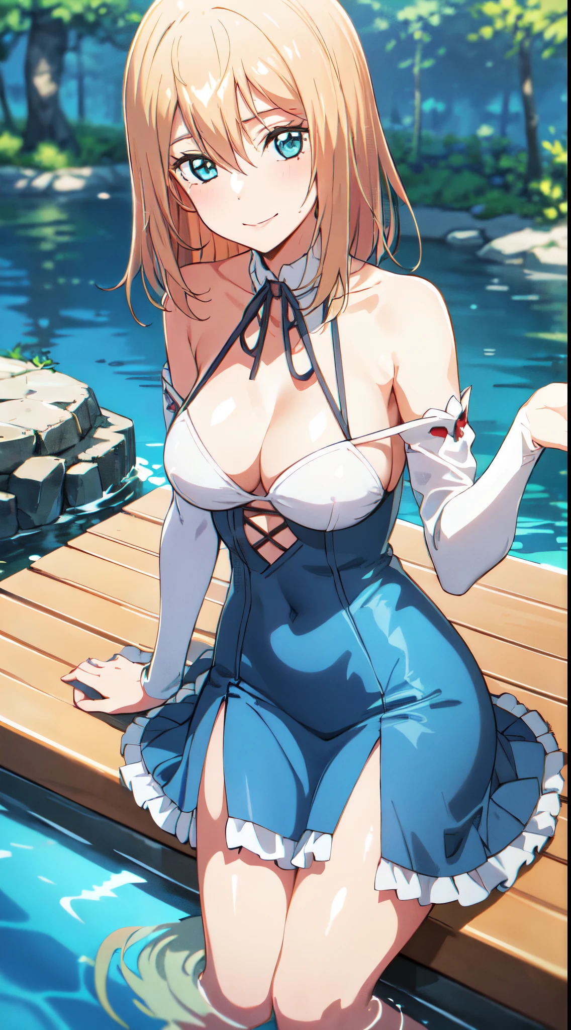 tmasterpiece, Best quality at best, 1 girl, olivia, Blonde hair, Water-colored eyes, Medium hair, Blue and white dress, mediuml breasts, Be red in the face, light  smile,