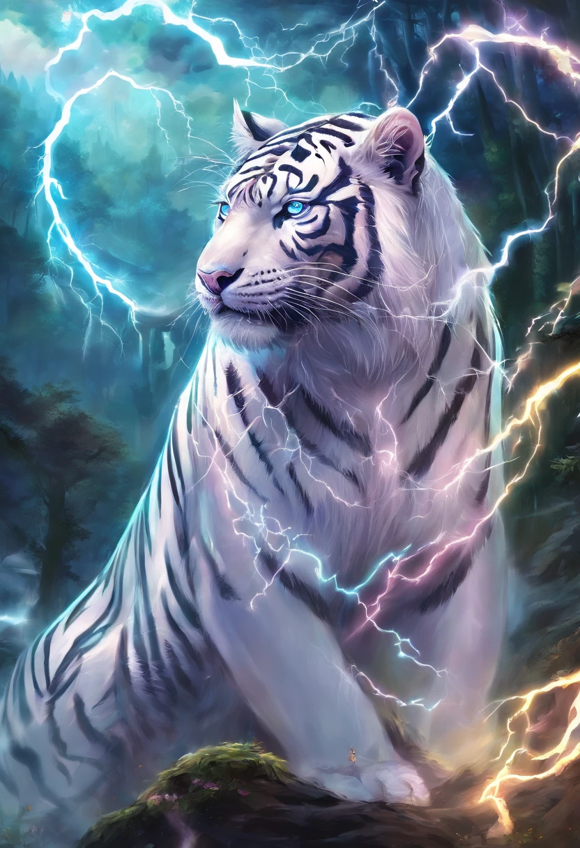 （hyper-detailing,tmasterpiece,hyper HD,Best quality at best：1.3）,One has a pair of wings,（wings：1.2）There are scars on the face,There is an aperture on the head,（light circles：1.3）Adult white tiger surrounded by lightning,（salama：1.2）The background is a forest and sky,Lightning,