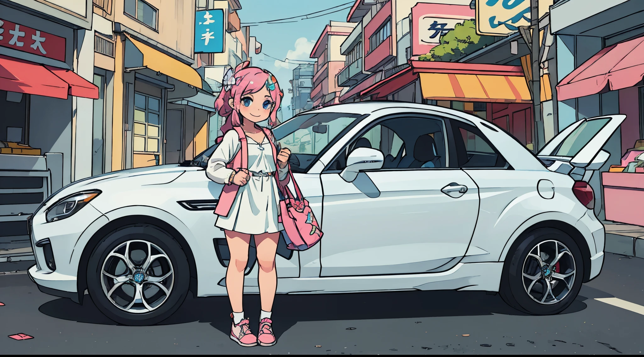 Octane Render、(Hyper-detailing: 1.15)、(Soft light、sharp: 1.2)、morning、Little girl posing in front of car in parking lot near beach, Full body,Accessories for shoes、（ hair adornments、耳Nipple Ring、Floral hair ornament、butterfly hair ornament）、 Fuji Film, F/4.0, masutepiece, Anatomically correct、A smile, radiant light