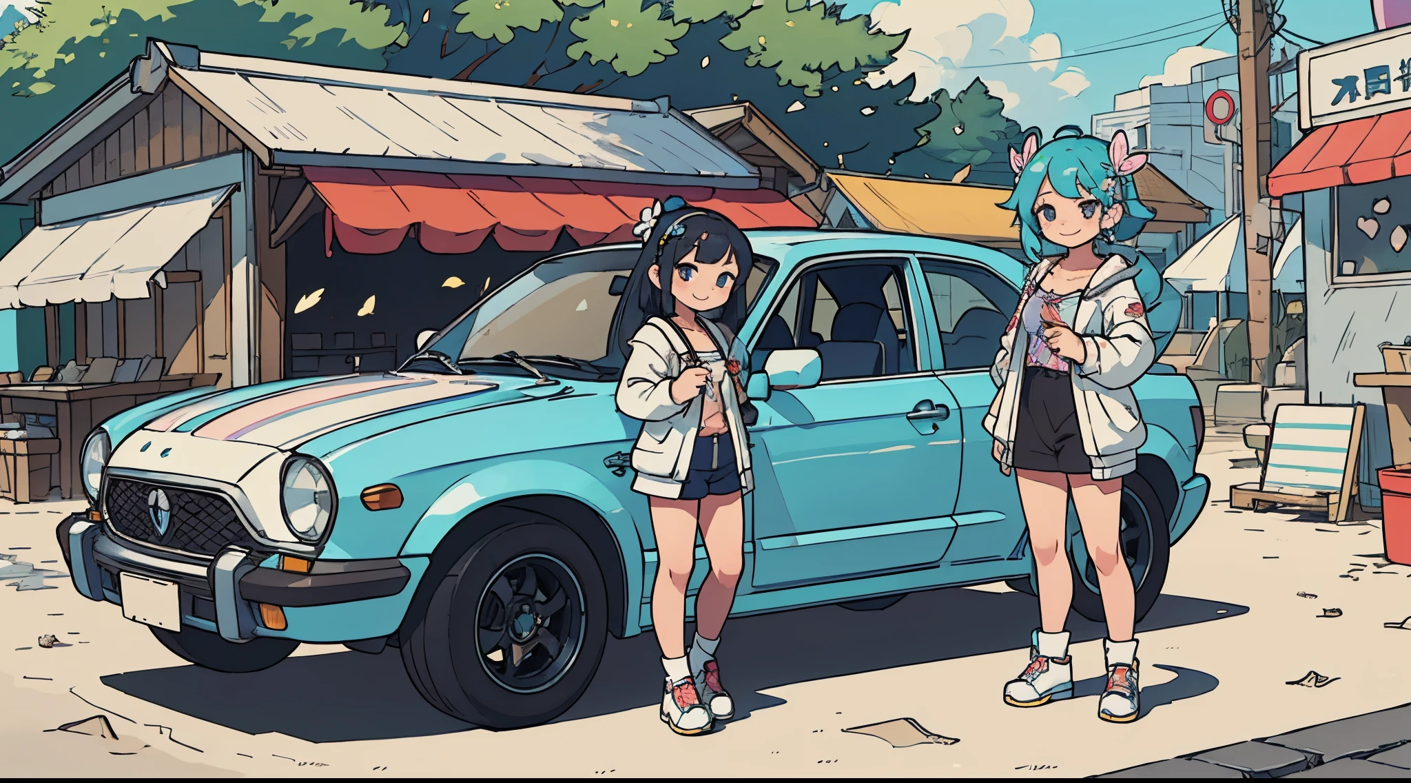 Octane Render、(Hyper-detailing: 1.15)、(Soft light、sharp: 1.2)、morning、 posing in front of car in parking lot near beach, Full body,Accessories for shoes、( hair adornments、耳Nipple Ring、Floral hair ornament、butterfly hair ornament)、 Fuji Film, F/4.0, masutepiece, Anatomically correct、A smile, radiant light