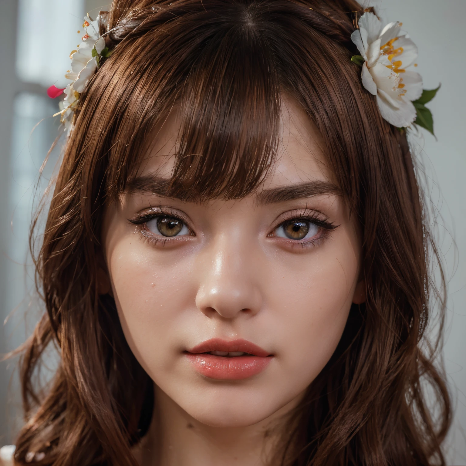 (masterpiece),(best quality:1.0), (ultra highres:1.0), detailed illustration, 8k, anime, 1girl, beautiful anime girl, wearing nothing, flower crown, pretty face, detailed face, beautiful eyes, detailed eyes, dark red eyes, bright red lips, red lipstick, beautiful stylish hair, highlights in hair, bangs anime style, best quality, vibrant