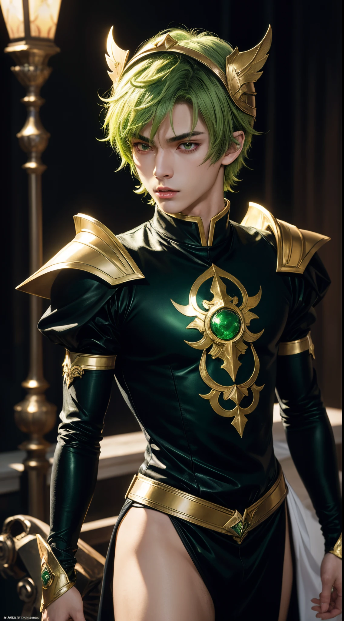 (absurdres, highres, ultra detailed, HDR), masterpiece, best quality, "magic knight rayearth" Character handsome boy in dark outfit short hair wearing detailed headgear lime green hair