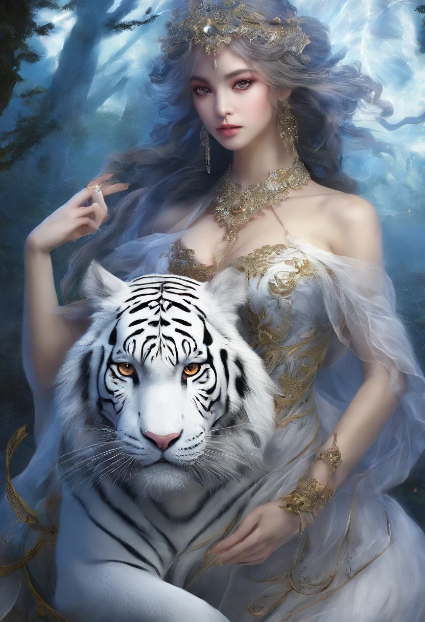 (hyper-detailing,tmasterpiece,hyper HD,Best quality at best:1.3),One has a pair of wings,(wings:1.2),There are scars on the face,There is an aperture on the head,(light circles:1.3),Adult white tiger surrounded by lightning,(salama:1.2),The background is a forest and sky,Lightning,