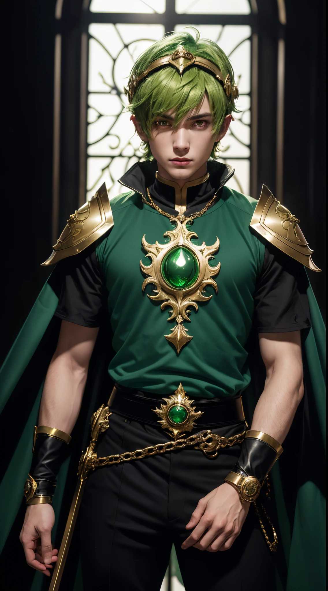 (absurdres, highres, ultra detailed, HDR), masterpiece, best quality, "magic knight rayearth" Character handsome boy in dark outfit short hair wearing detailed headgear lime green hair