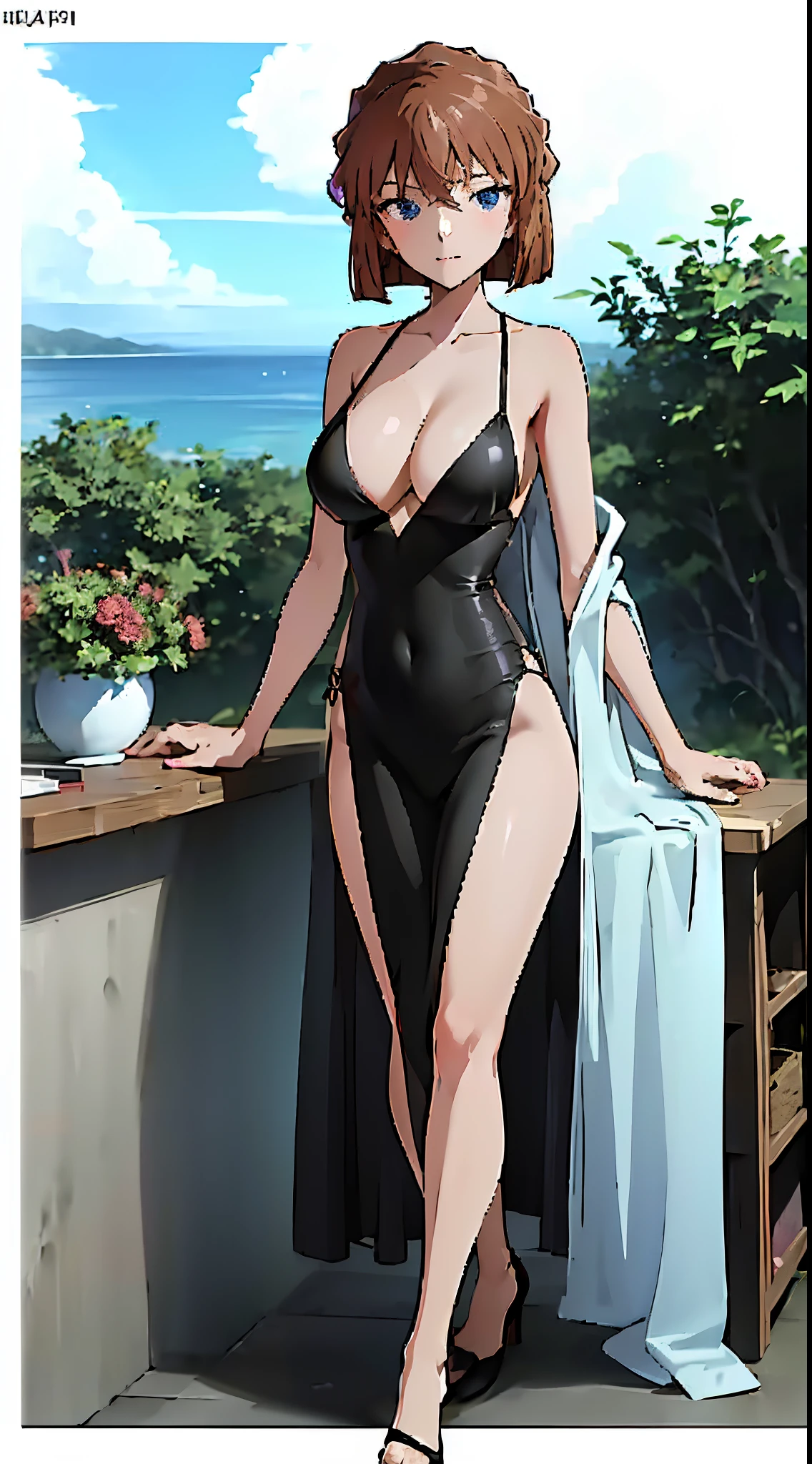 1个Giant Breast Girl, Brown hair,short detailed hair,eBlue eyes,full bodyesbian,Wearing black transparent dress with translucent cloth, V-chest clothes, see-through cloth, flowing salmon silk, translucent silky dress, flowing magical flesh robe, translucent cleavage dress, Sexy lingerie camisole, silky garment, flowing pink silk, Draped in flowing fabric, flowy fabric，(tmasterpiece, Best quality at best, high qulity, A high resolution, ultra - detailed)