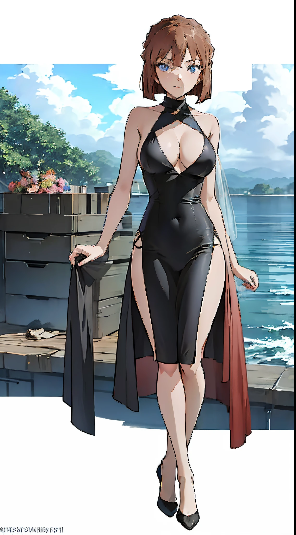 1个Giant Breast Girl, Brown hair,short detailed hair,eBlue eyes,full bodyesbian,Wearing black transparent dress with translucent cloth, V-chest clothes, see-through cloth, flowing salmon silk, translucent silky dress, flowing magical flesh robe, translucent cleavage dress, Sexy lingerie camisole, silky garment, flowing pink silk, Draped in flowing fabric, flowy fabric，(tmasterpiece, Best quality at best, high qulity, A high resolution, ultra - detailed)
