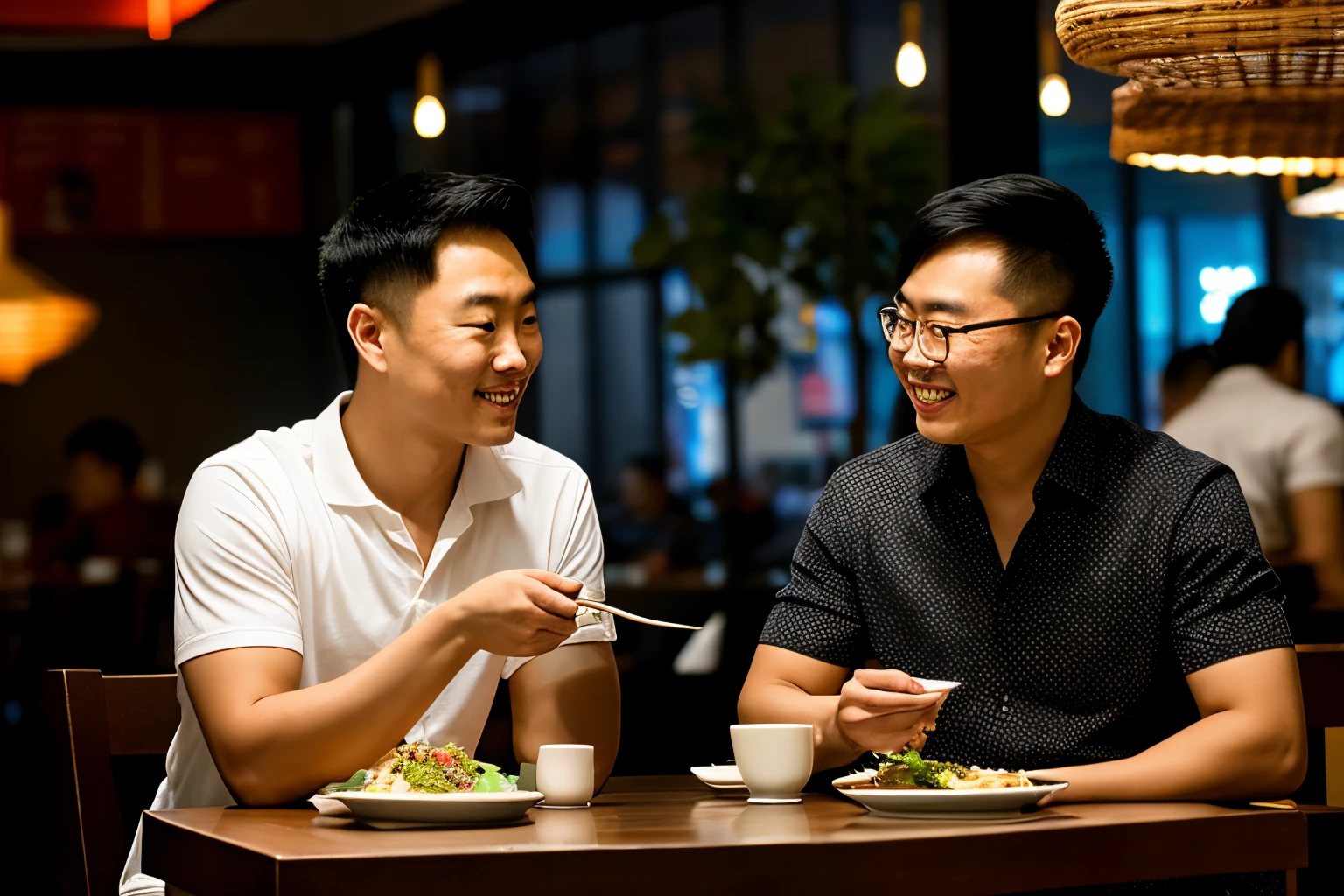 two men sitting at a table in indonesian restaurant  with plates of food in front of them, jin shan and ross tran, asian man, lee griggs and jason chan, ruan jia and brom, asian male, two young men, people inside eating meals, two handsome men, looking at each other mindlessly, having an awkward dinner date, yiqiang and shurakrgt