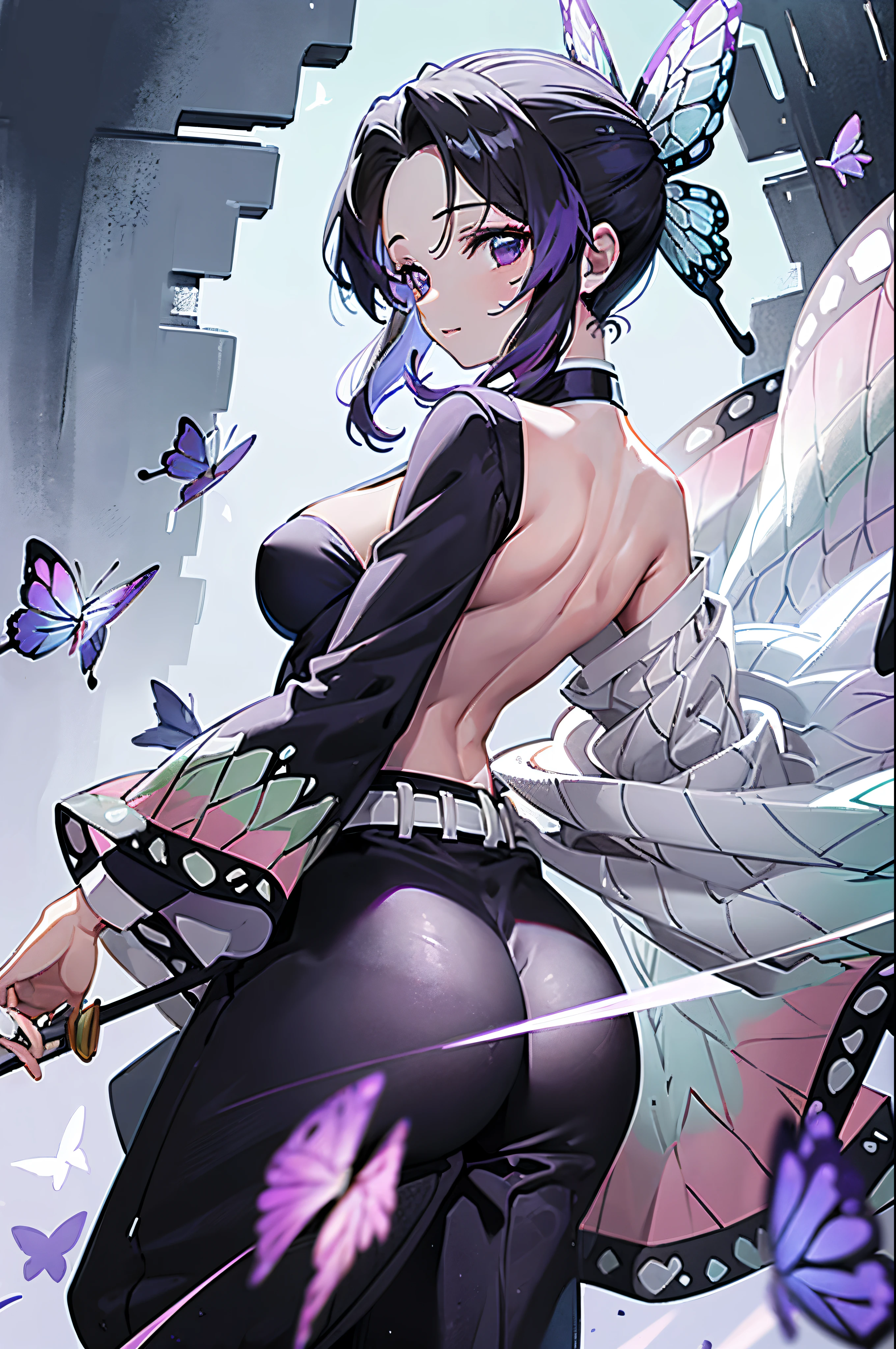 Ultra-realistic 8K CG,Masterpiece,((ultra-detailed background,delicate pattern,intricated details)),Best quality at best,Very, very, very detailed face,Very detailed eyes and faces,Very detailed eyes,Shinobu Kocho,multicoloured hair,No bangs,hair intakes,Purple Eye,brow,Black shirt,Black pantsuit,Outerwear,butterflies,buttons,Obi Streep,(Trpical Gardens:1.2),purple flowers,Chibi,Mostly cloudy skies,Rays of sunlight,Tyndall Effect,gradation_sky,face,beautiful sky,saber at waist,seductive posture,(large full breasts),(cleavage),(Off-the-shoulder attire:1.3), (Sexy), (Shameful_face) ,(lace:1.2) , (from_fit derrier:1.4)