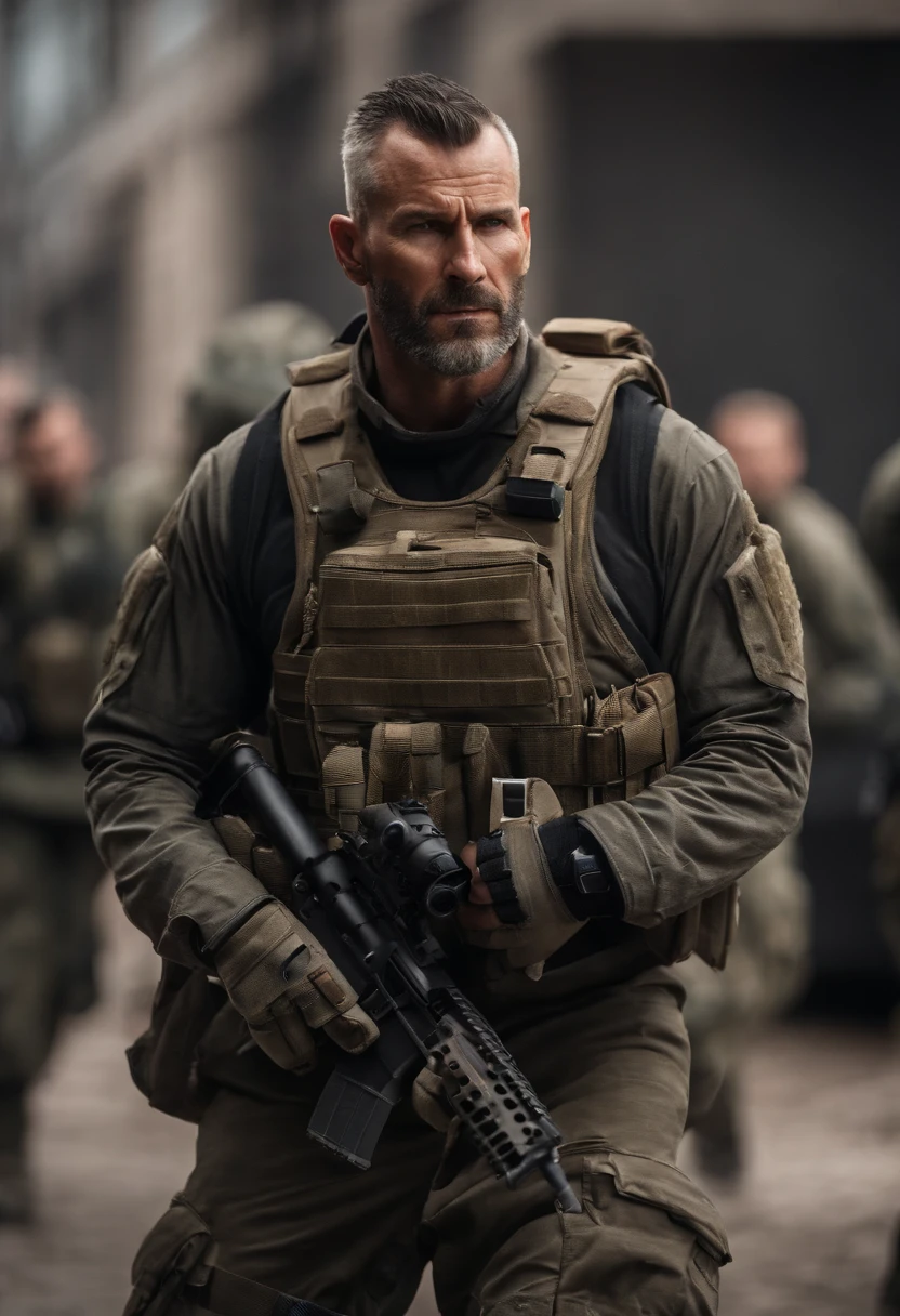 An image of SGT Johnny 'Soap' MacTavish leading a simulated urban warfare exercise, maneuvering through an urban environment with his team.,Call of Duty: Modern Warfare series,SGT Johnny "Soap" MacTavish is famously portrayed by Neil Ellice, with blue eyes, a short buzzcut Mohawk haircut (Widows peak hairline), and a short beard. His jawline is defined, and his ears are a bit smaller than the average human male. , male