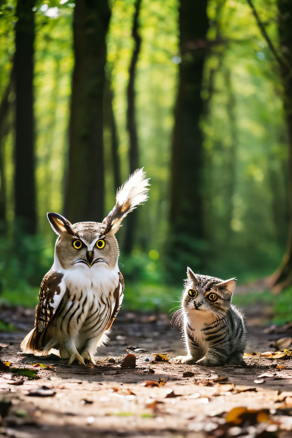 owl fights cat,in woods,Inverted image,depth of fields,Works of masters,super-fine,Hyper-realistic,8K,The highest image quality,Detailed description