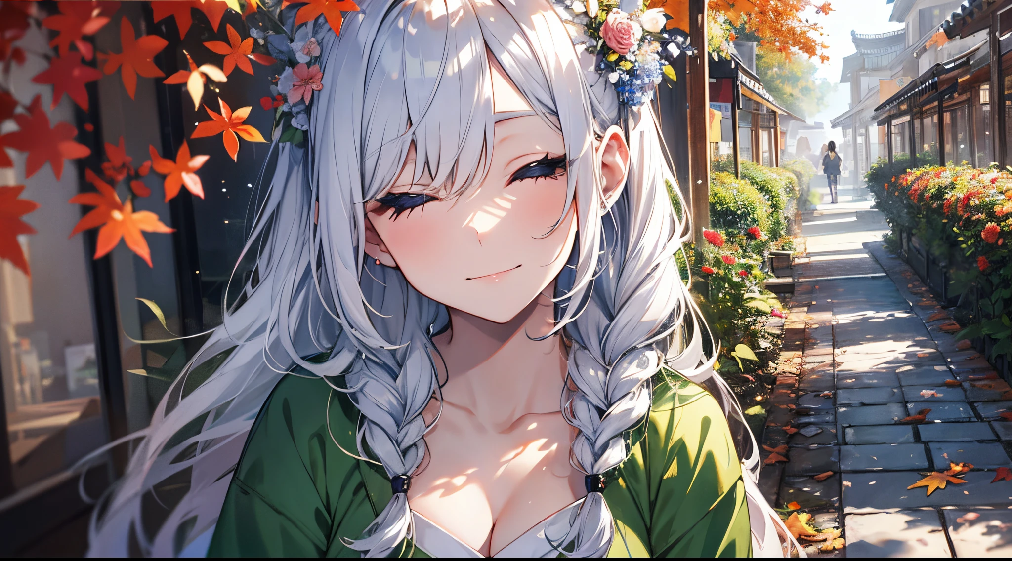 ((tmasterpiece:1.4, Best quality))+, (hyper-detailing)+, (Close her eyes:1.5)+, Blind girl,(Meticulous ears:1.5), (cute girls), (Exquisite and gorgeous Hanfu:1.5), Long hair details, Long braids on both sides, (wariza:1.2), pale-skinned, (Green cloth:1.5), (long white pants:1.4), wine jugs, fresh flowers, long wooden staff,fall foliage,aprons,Chinese ancient city, Wandering around the market with luggage, (Female shopkeeper:1.1), (dawn light:1.2), ), (Close-up cleavage:1.1), (elevation perspective:1.3), forehead jewel, Colored inner hair, Striped hair, Sad smile, disarray's gem branch, silber hair, first person perspective,the only person