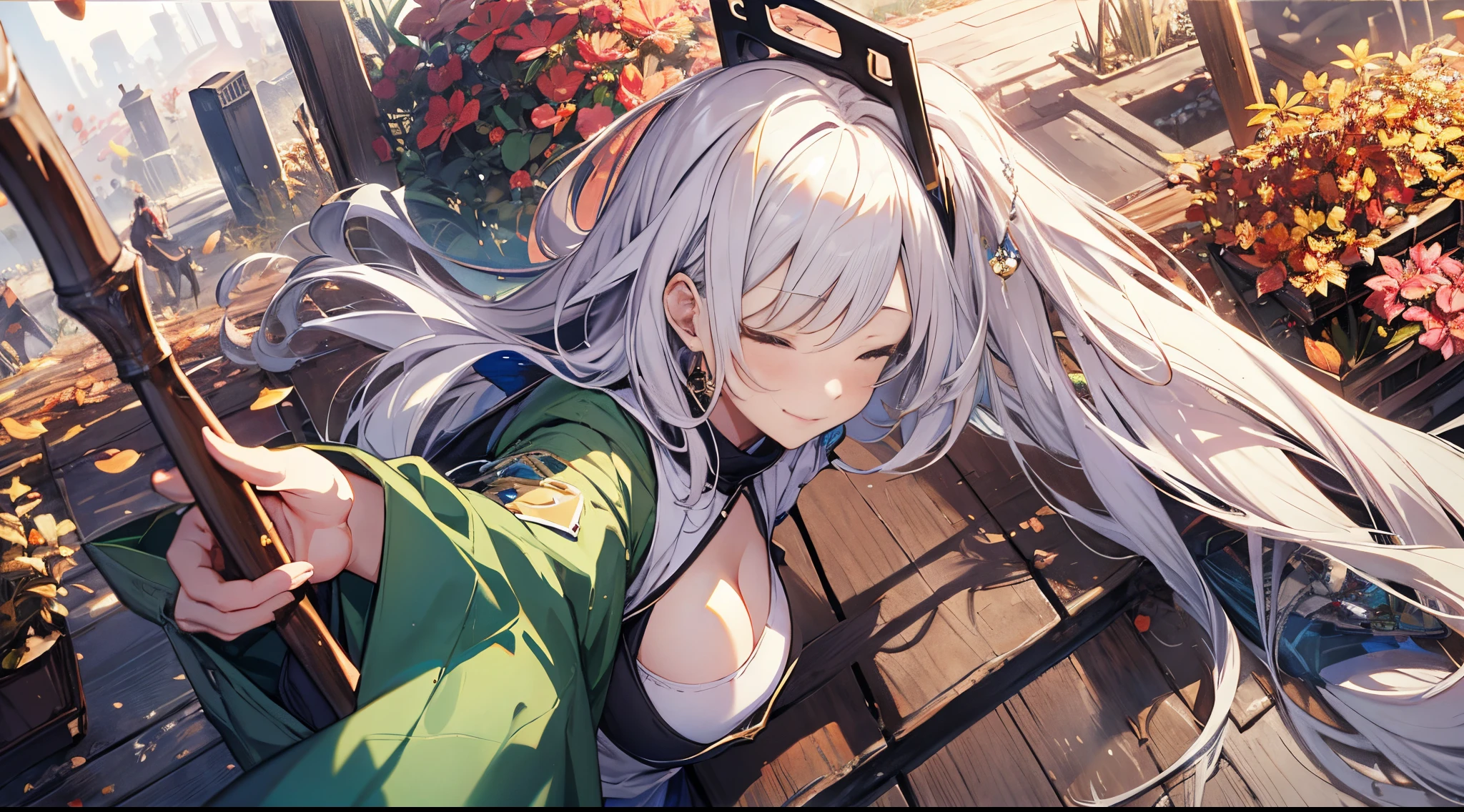 ((tmasterpiece:1.4, Best quality))+, (hyper-detailing)+, (Close her eyes:1.5)+, Blind girl,(Meticulous ears:1.5), (cute girls), (Exquisite and gorgeous Hanfu:1.5), Long hair details, Long braids on both sides, (wariza:1.2), pale-skinned, (Green cloth:1.5), (long white pants:1.4), wine jugs, fresh flowers, long wooden staff,fall foliage,aprons,Chinese ancient city, Wandering around the market with luggage, (Female shopkeeper:1.1), (dawn light:1.2), ), (Close-up cleavage:1.1), (elevation perspective:1.3), forehead jewel, Colored inner hair, Striped hair, Sad smile, disarray's gem branch, silber hair, first person perspective,the only person