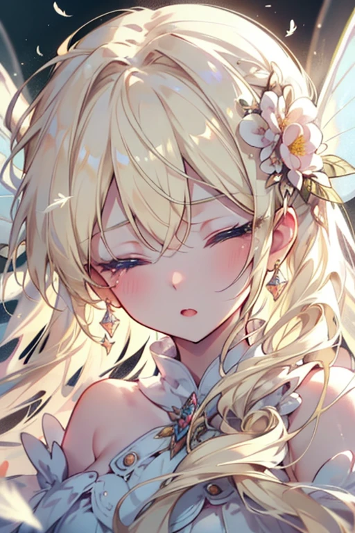 head shot, from front, close up, look at viewer, 1 girl, closed eyes, tearing up, long blonde hair, long eyelash, fairy wings, high detailed skin, Russian Flower Fairy, naked, :o, high quality, Volumetric lighting, A high resolution, Soft lighting, Transparent feather drop effect, Spring flower utopia